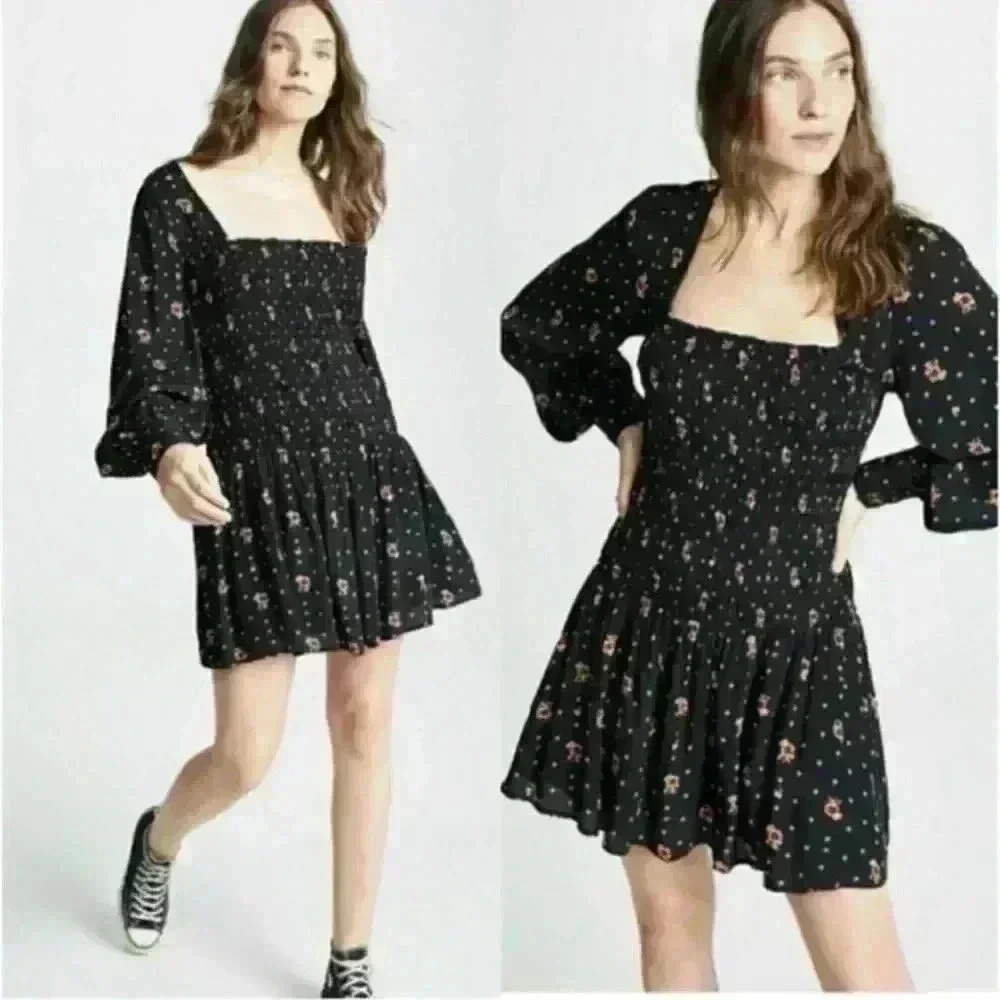 Free People Two Faces Printed Mini Dress Size M Black Floral Smocked